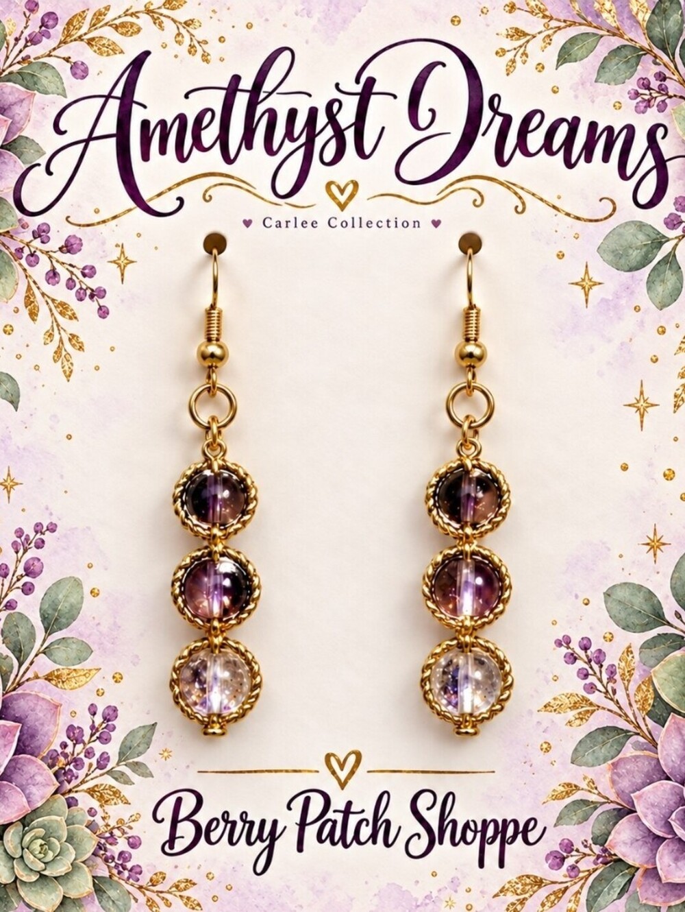 Amethyst Dreams Purple & Gold Glass Beads Dangle Drop Earrings